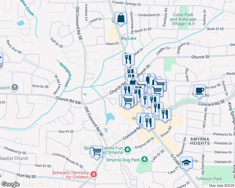 map of restaurants, bars, coffee shops, grocery stores, and more near 702 Surrey Park Place Southeast in Smyrna