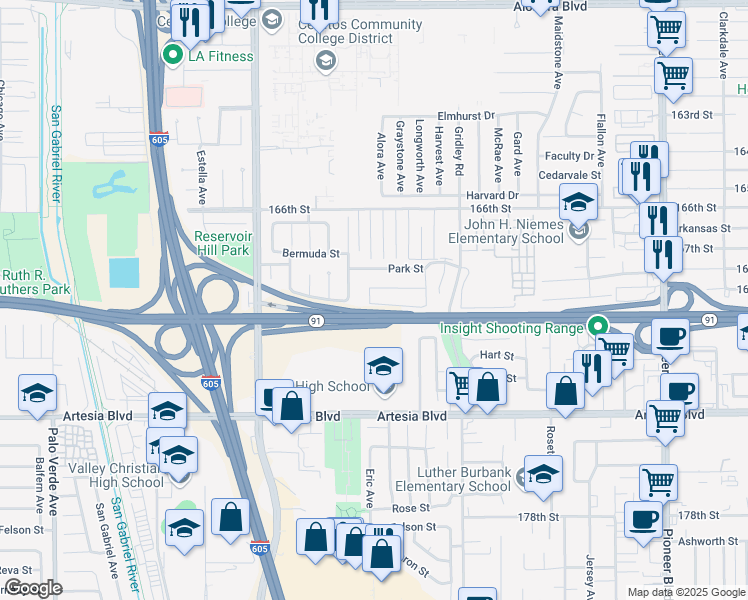 map of restaurants, bars, coffee shops, grocery stores, and more near 11203 Beach Street in Cerritos