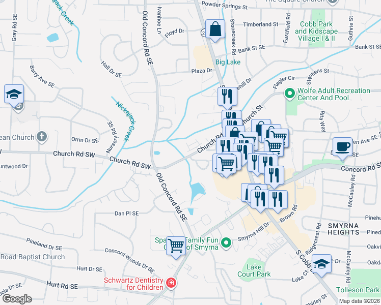 map of restaurants, bars, coffee shops, grocery stores, and more near 1012 Candela Lane in Smyrna