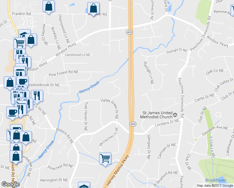 map of restaurants, bars, coffee shops, grocery stores, and more near 4362 North Buckhead Drive Northeast in Atlanta