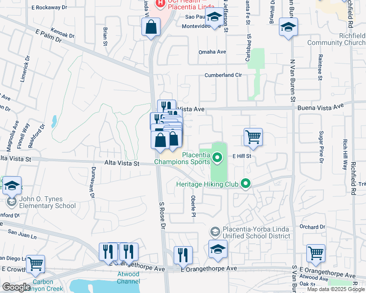 map of restaurants, bars, coffee shops, grocery stores, and more near 705 Olivier Drive in Placentia