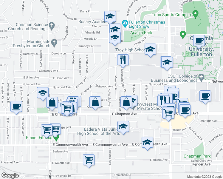 map of restaurants, bars, coffee shops, grocery stores, and more near 712 North Acacia Avenue in Fullerton