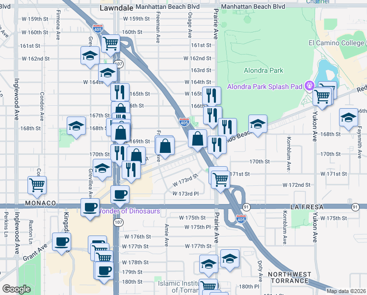 map of restaurants, bars, coffee shops, grocery stores, and more near 4120 170th Street in Lawndale