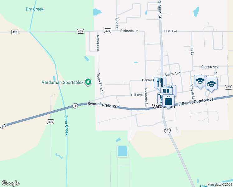 map of restaurants, bars, coffee shops, grocery stores, and more near 314 Hill Avenue in Vardaman