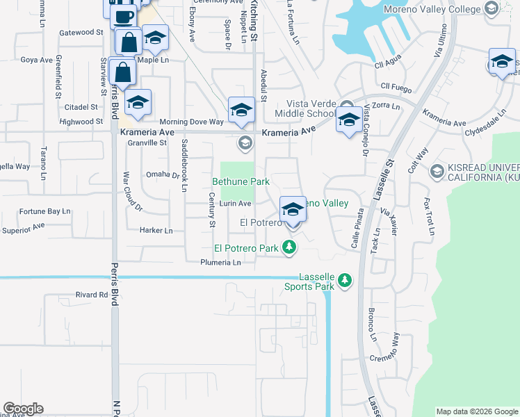 map of restaurants, bars, coffee shops, grocery stores, and more near 25510 Lurin Avenue in Moreno Valley