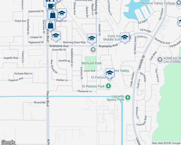 map of restaurants, bars, coffee shops, grocery stores, and more near 16756 Hollyhock Drive in Moreno Valley
