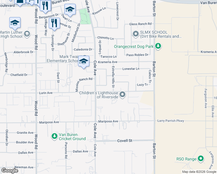 map of restaurants, bars, coffee shops, grocery stores, and more near 9541 Lost Grove Road in Riverside