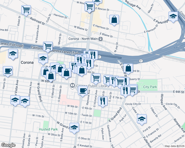 map of restaurants, bars, coffee shops, grocery stores, and more near 320 South Victoria Avenue in Corona