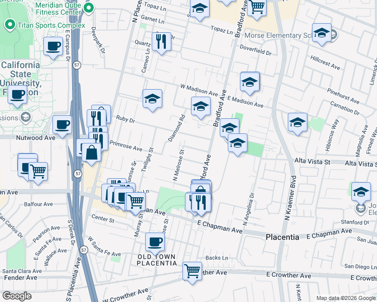 map of restaurants, bars, coffee shops, grocery stores, and more near 201 Orange Grove Avenue in Placentia