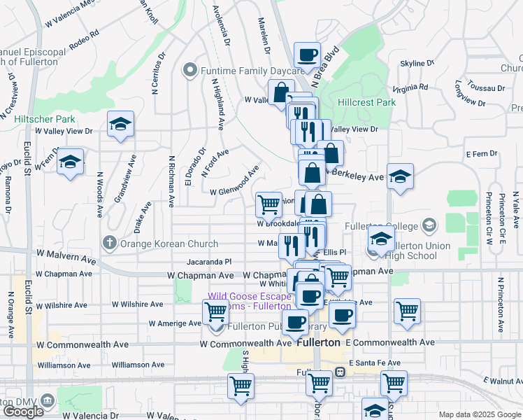 map of restaurants, bars, coffee shops, grocery stores, and more near 200 West Union Avenue in Fullerton
