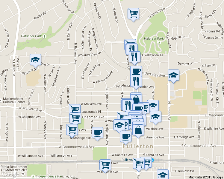 map of restaurants, bars, coffee shops, grocery stores, and more near 750 North Highland Avenue in Fullerton