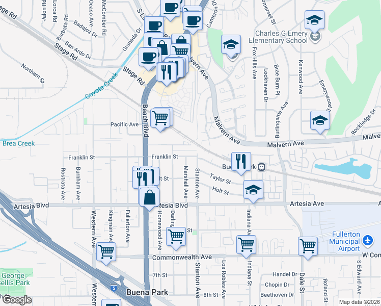 map of restaurants, bars, coffee shops, grocery stores, and more near 7961 Franklin Street in Buena Park