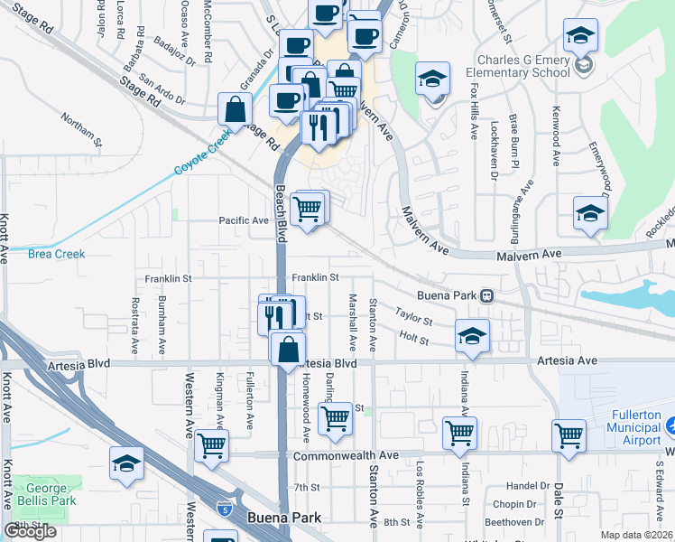 map of restaurants, bars, coffee shops, grocery stores, and more near 7881 Franklin Street in Buena Park