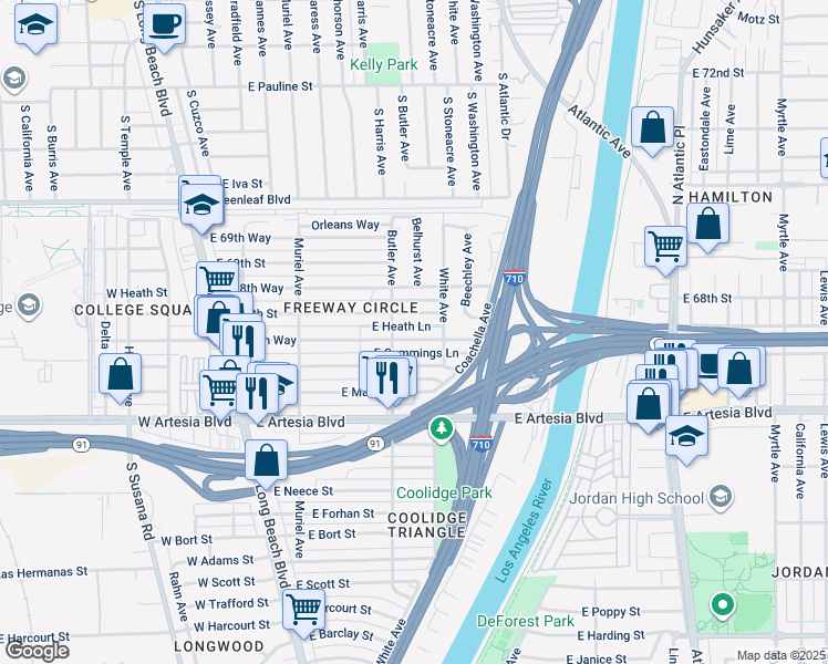 map of restaurants, bars, coffee shops, grocery stores, and more near 335 East Heath Lane in Long Beach
