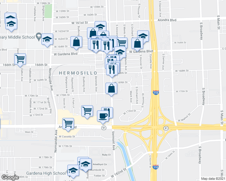 map of restaurants, bars, coffee shops, grocery stores, and more near 16915 Vermont Avenue in Gardena