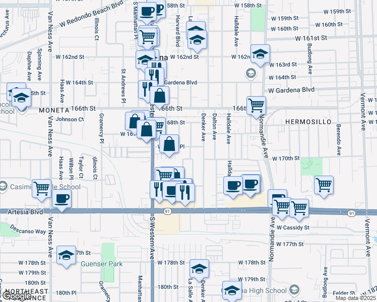 map of restaurants, bars, coffee shops, grocery stores, and more near 16930 Harvard Boulevard in Gardena