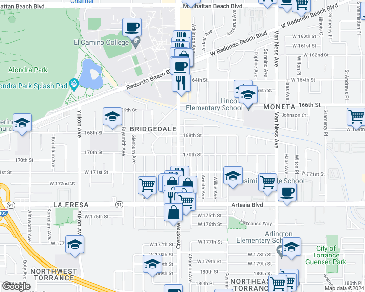 map of restaurants, bars, coffee shops, grocery stores, and more near 16808 Crenshaw Boulevard in Torrance