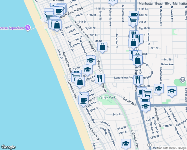 map of restaurants, bars, coffee shops, grocery stores, and more near 80 Morningside Drive in Manhattan Beach
