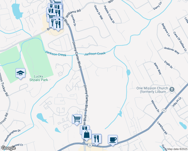map of restaurants, bars, coffee shops, grocery stores, and more near 553 Old Mill Court Northwest in Norcross