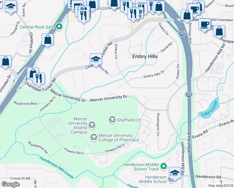 map of restaurants, bars, coffee shops, grocery stores, and more near 3158 Mercer University Drive in Atlanta