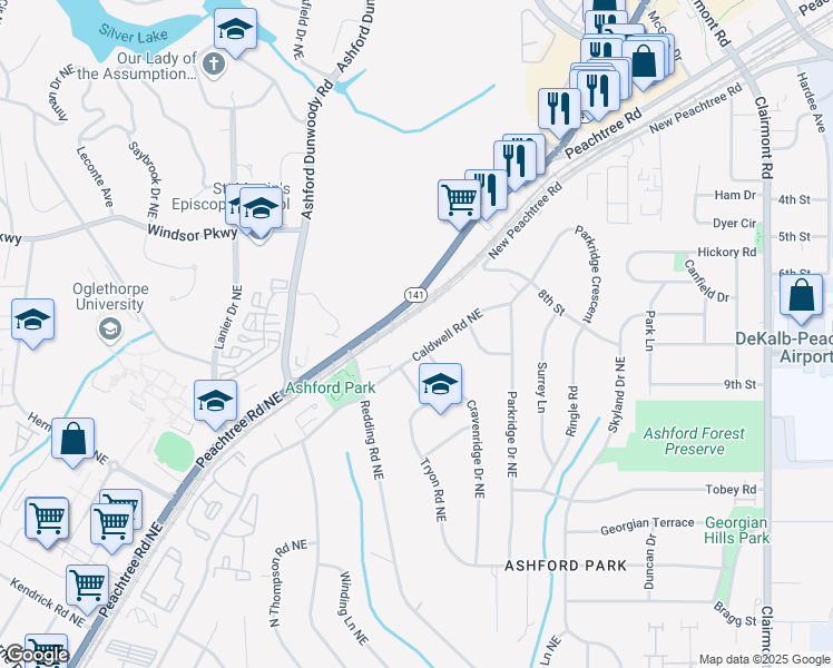 map of restaurants, bars, coffee shops, grocery stores, and more near 3136 Caldwell Road Northeast in Atlanta