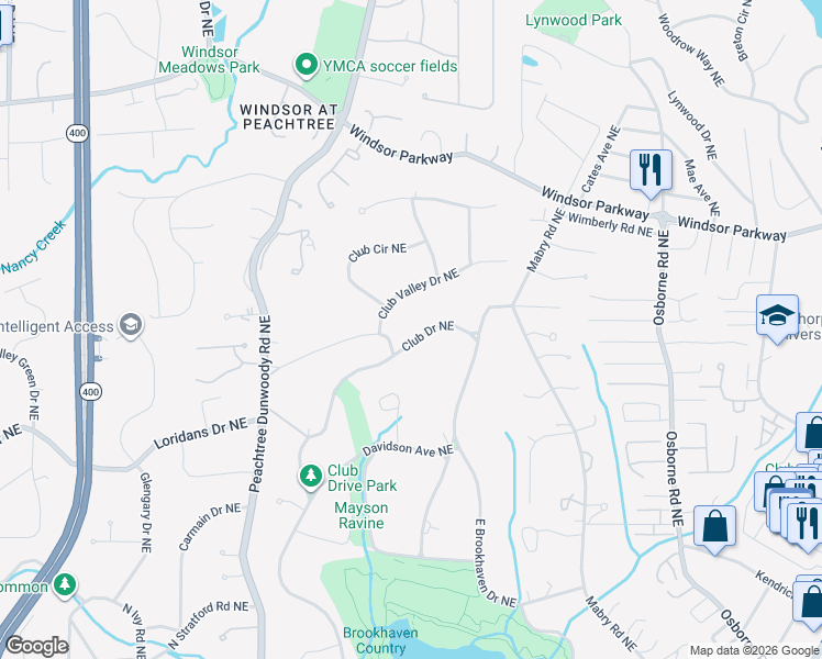 map of restaurants, bars, coffee shops, grocery stores, and more near 4509 Club Valley Drive Northeast in Atlanta