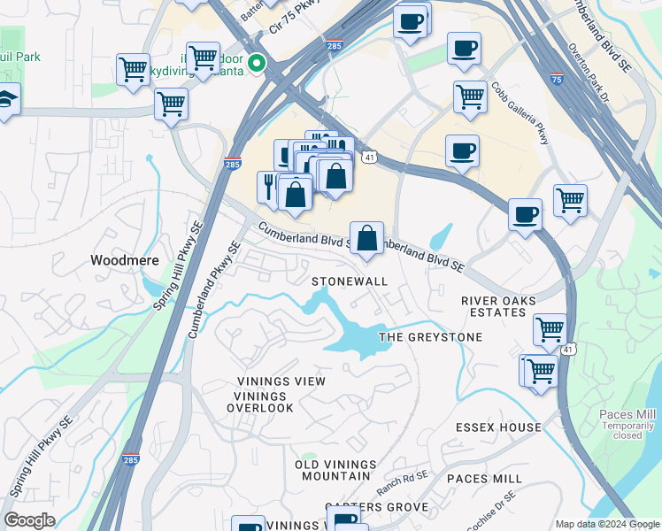 map of restaurants, bars, coffee shops, grocery stores, and more near 3500 Stonewall Place Southeast in Atlanta