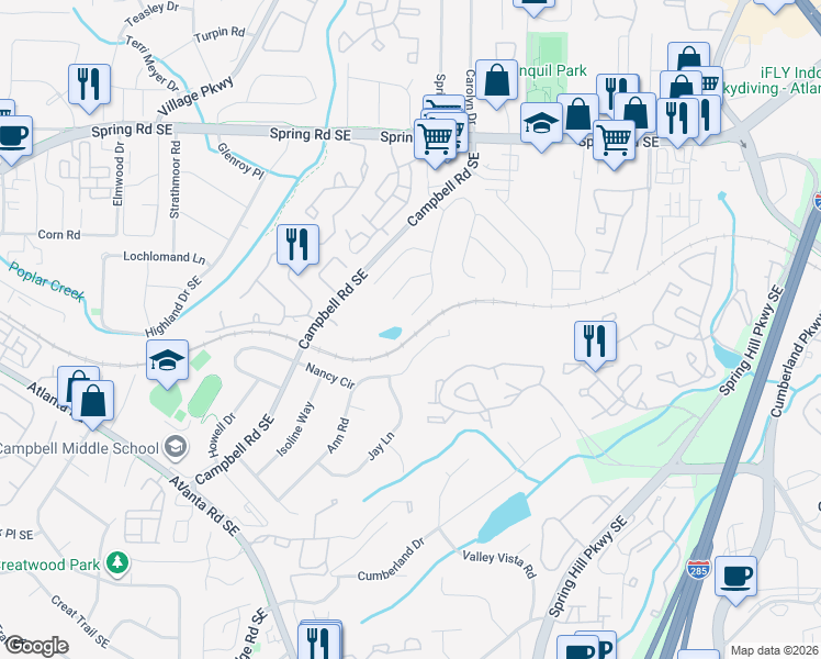 map of restaurants, bars, coffee shops, grocery stores, and more near 1102 Drewsbury Court Southeast in Smyrna