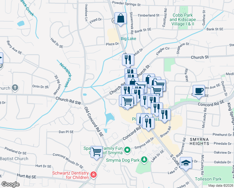 map of restaurants, bars, coffee shops, grocery stores, and more near 257 Aventine Lane in Smyrna