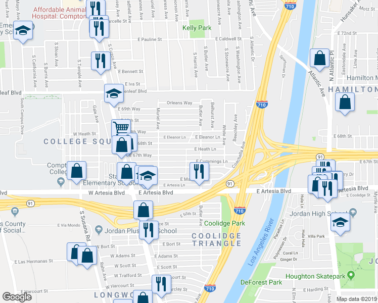 map of restaurants, bars, coffee shops, grocery stores, and more near 270 East Heath Lane in Long Beach