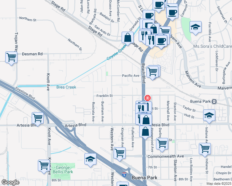 map of restaurants, bars, coffee shops, grocery stores, and more near 7521 Franklin Street in Buena Park