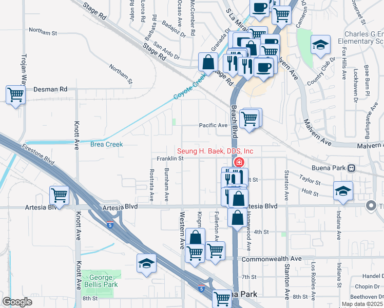 map of restaurants, bars, coffee shops, grocery stores, and more near 7551 Franklin Street in Buena Park