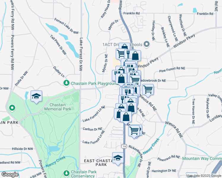 map of restaurants, bars, coffee shops, grocery stores, and more near 4106 Chastain Park Court Northeast in Atlanta