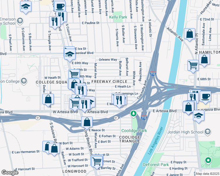 map of restaurants, bars, coffee shops, grocery stores, and more near 247 East 67th Way in Long Beach