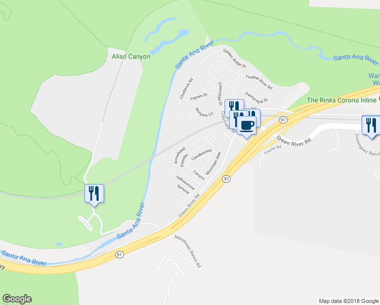 map of restaurants, bars, coffee shops, grocery stores, and more near Presidio in Corona