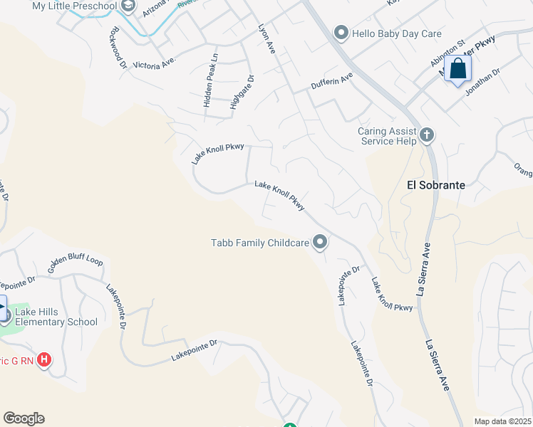 map of restaurants, bars, coffee shops, grocery stores, and more near 16664 Rocky Creek Drive in Riverside