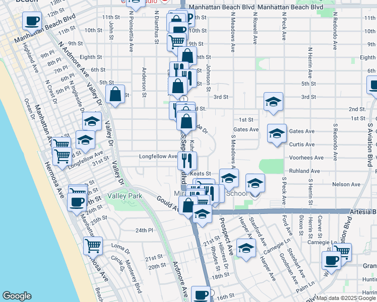 map of restaurants, bars, coffee shops, grocery stores, and more near 330 South Sepulveda Boulevard in Manhattan Beach