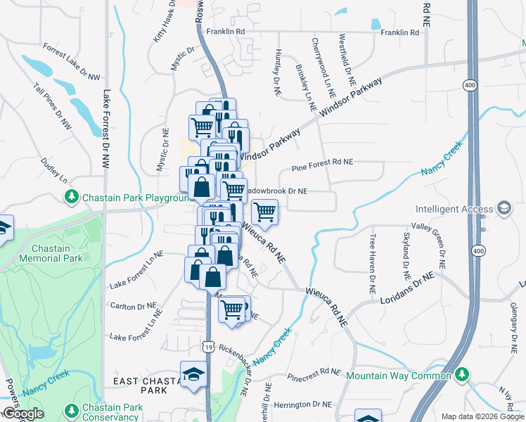 map of restaurants, bars, coffee shops, grocery stores, and more near 281 Meadowbrook Drive Northeast in Atlanta