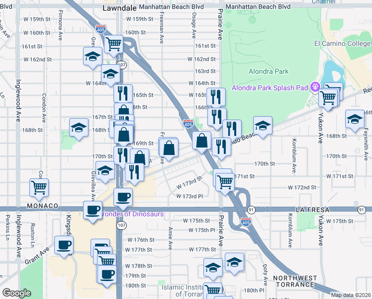 map of restaurants, bars, coffee shops, grocery stores, and more near 4120 170th Street in Lawndale