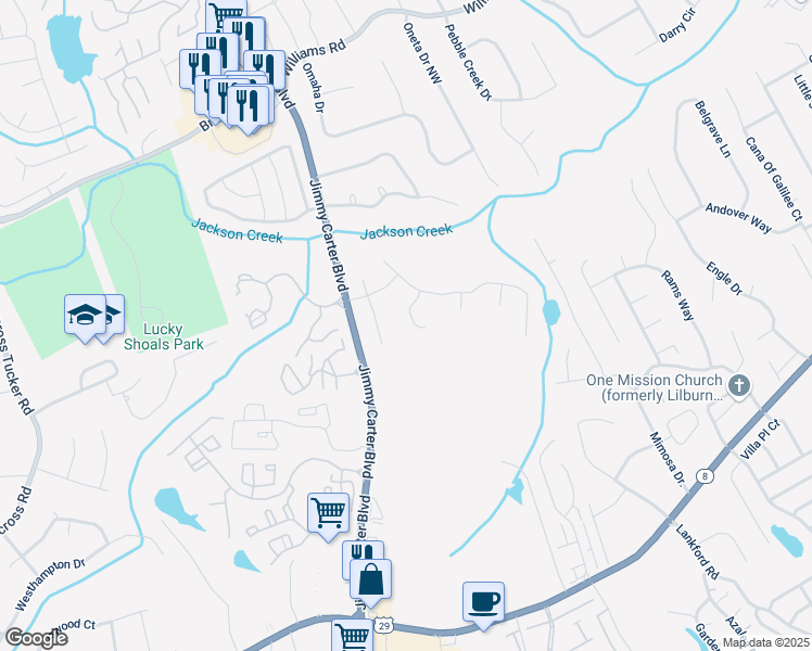 map of restaurants, bars, coffee shops, grocery stores, and more near 553 Old Mill Court Northwest in Norcross