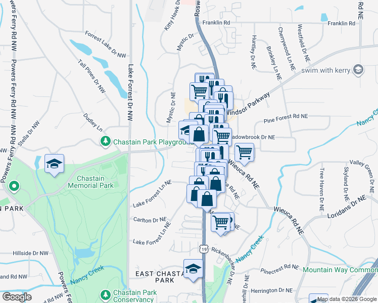 map of restaurants, bars, coffee shops, grocery stores, and more near 135 West Wieuca Road Northeast in Atlanta
