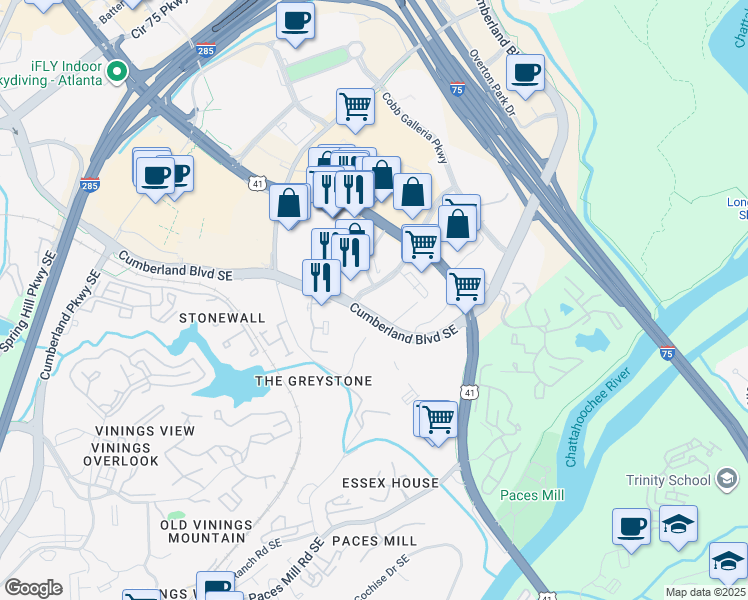 map of restaurants, bars, coffee shops, grocery stores, and more near 3250 Riverwood Parkway in Atlanta