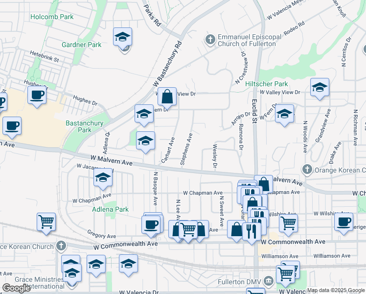 map of restaurants, bars, coffee shops, grocery stores, and more near 751 Stephens Avenue in Fullerton