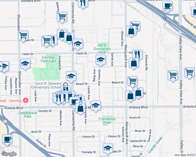 map of restaurants, bars, coffee shops, grocery stores, and more near 16913 Stowers Avenue in Cerritos