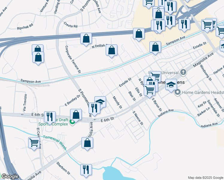 map of restaurants, bars, coffee shops, grocery stores, and more near 13847 Estelle Street in Corona