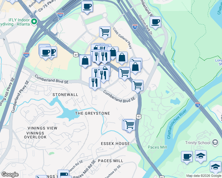 map of restaurants, bars, coffee shops, grocery stores, and more near 3250 Riverwood Parkway in Atlanta