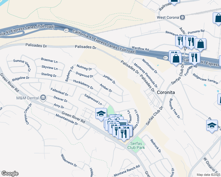 map of restaurants, bars, coffee shops, grocery stores, and more near 2901 Amber Drive in Corona