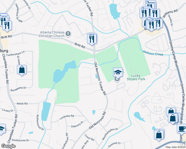 map of restaurants, bars, coffee shops, grocery stores, and more near 4500 Atlas Place in Tucker