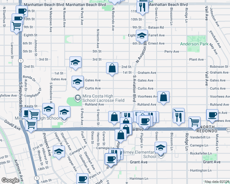 map of restaurants, bars, coffee shops, grocery stores, and more near 308 South Redondo Avenue in Manhattan Beach