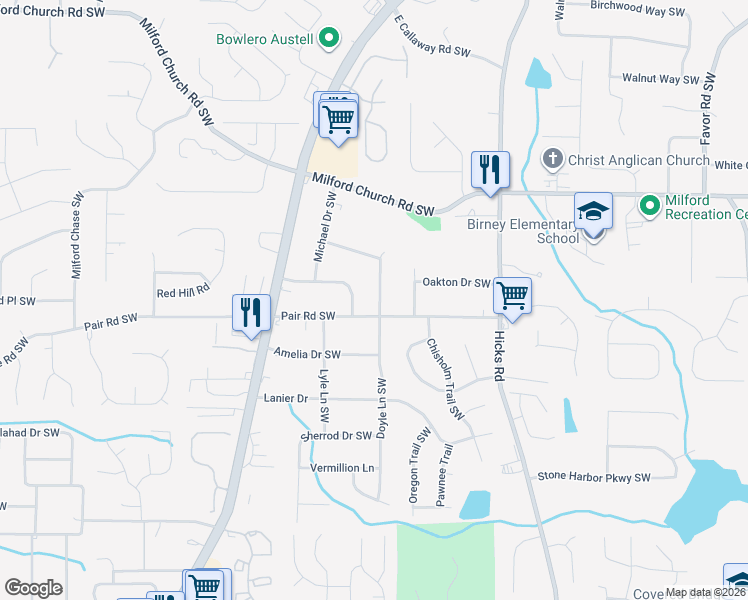 map of restaurants, bars, coffee shops, grocery stores, and more near 3126 Holbrook Drive in Marietta